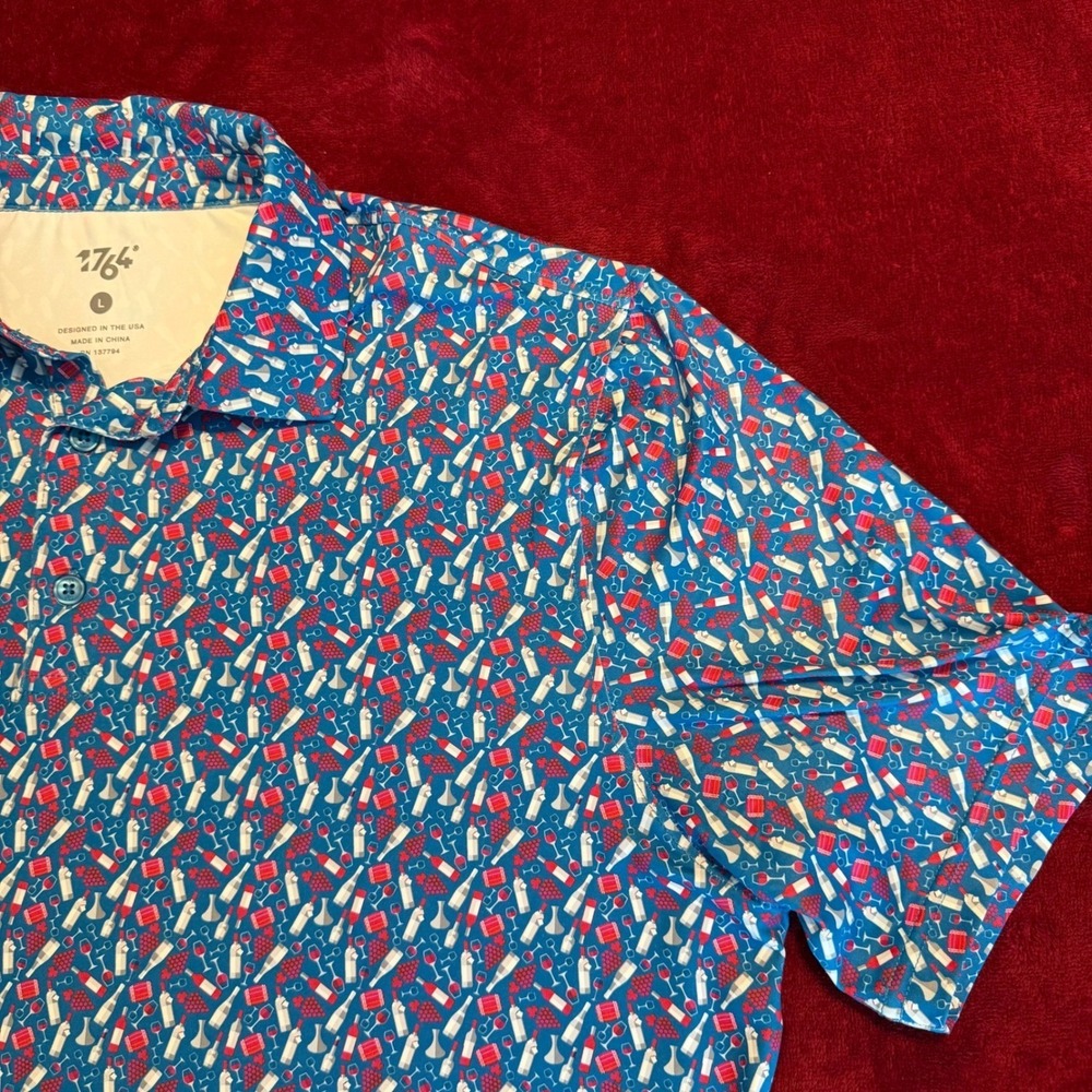 1764 Mens Wine Print Performance Polo Shirt Blue Red Large Golf Short Sleeve